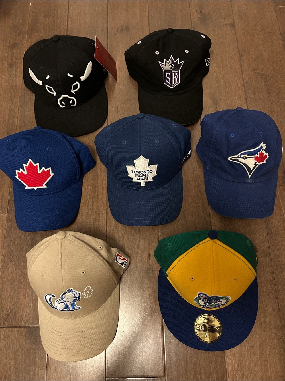 Lot of 7 Adjustable Sports Caps - Blue, Black, Tan, Yellow & Green